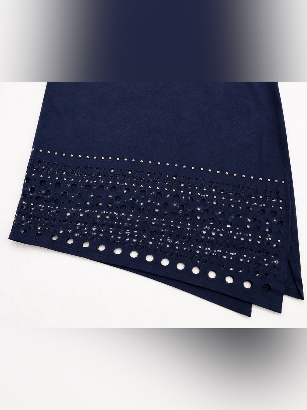 NEON BUDDHA Heartbeat Navy Studded Eyelet Asymmetrical Shift Dress L Lagenlook - Picture 10 of 16
